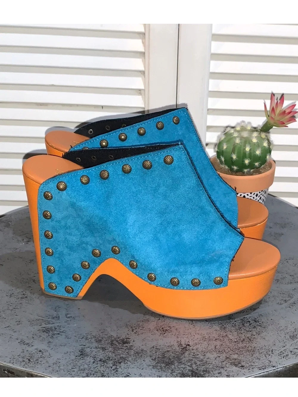 Tinstree Turquoise Vegan Suede Platform Mules Studded Heeled Clogs